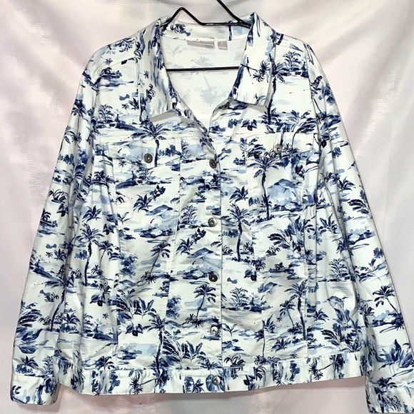 BELLE KIM GRAVEL WO SIZE 3X  WHITE WITH BLUE TROPICAL DESIGN DENIM JACKET EUC - Picture 1 of 12